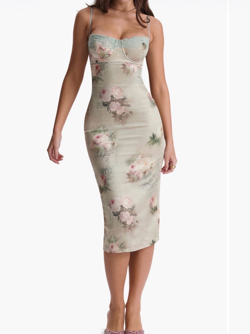 House of CB Sage Green Floral Lace-Trim Midi Dress